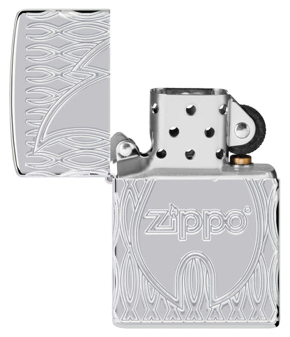 Zippo Flame Design Armor High Polish Chrome Windproof Lighter with its lid open and unlit.