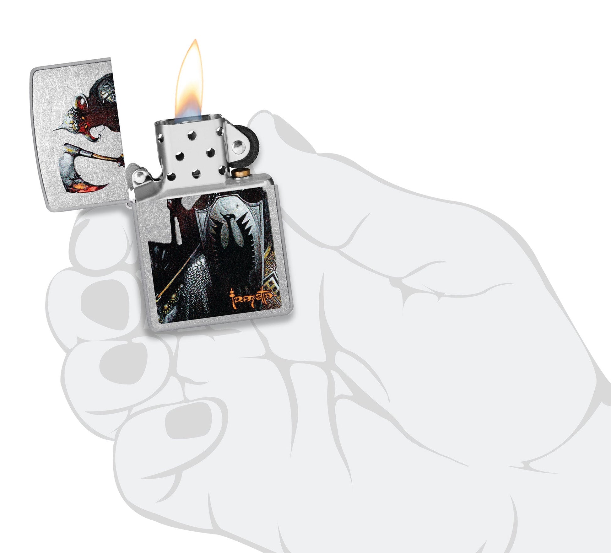 Zippo Frank Frazetta Death Dealer Street Chrome Windproof Lighter lit in hand.