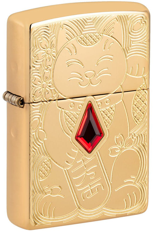 Front shot of Lucky Cat Design Emblem Attached Armor?? High Polish Brass Windproof Lighter standing at a 3/4 angle.