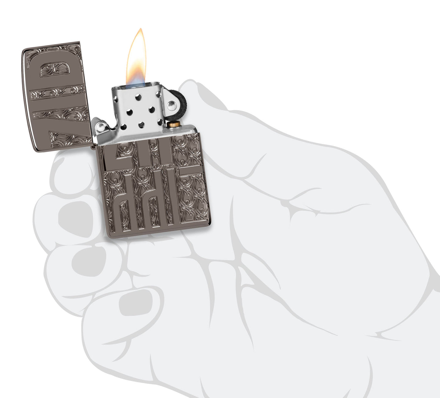 Zippo Reverse Carve Zippo Design Armor?? Black Ice?? Windproof Lighter lit in hand.