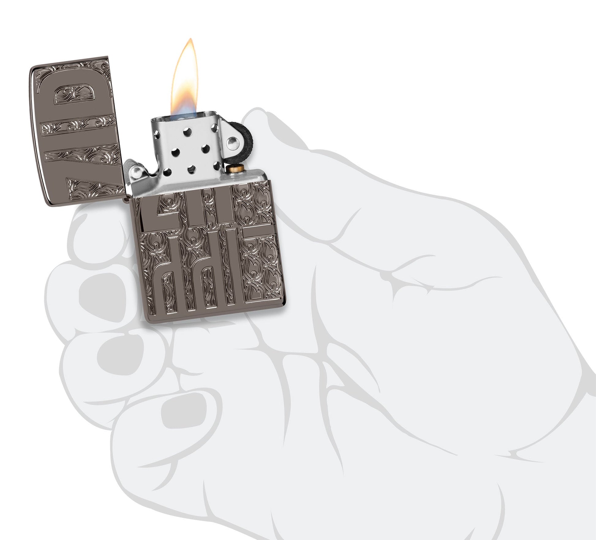Zippo Reverse Carve Zippo Design Armor?? Black Ice?? Windproof Lighter lit in hand.