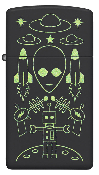 Front view of Zippo Alien Invasion Design Slim?? Black Matte Windproof Lighter.