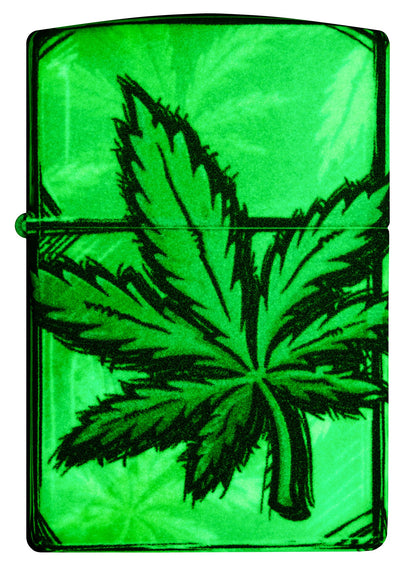 Front view of Zippo Glowing Leaves Design 540 Color Glow in the Dark Windproof Lighter glowing in the dark.
