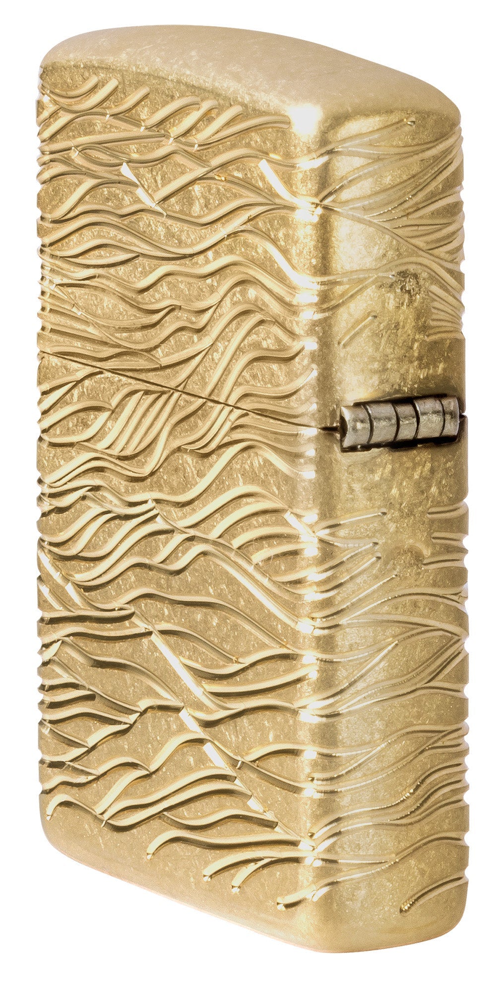 Angled shot of Zippo Luxury Waves Design Armor Tumbled Brass Windproof Lighter showing the back and hinge side of the lighter.