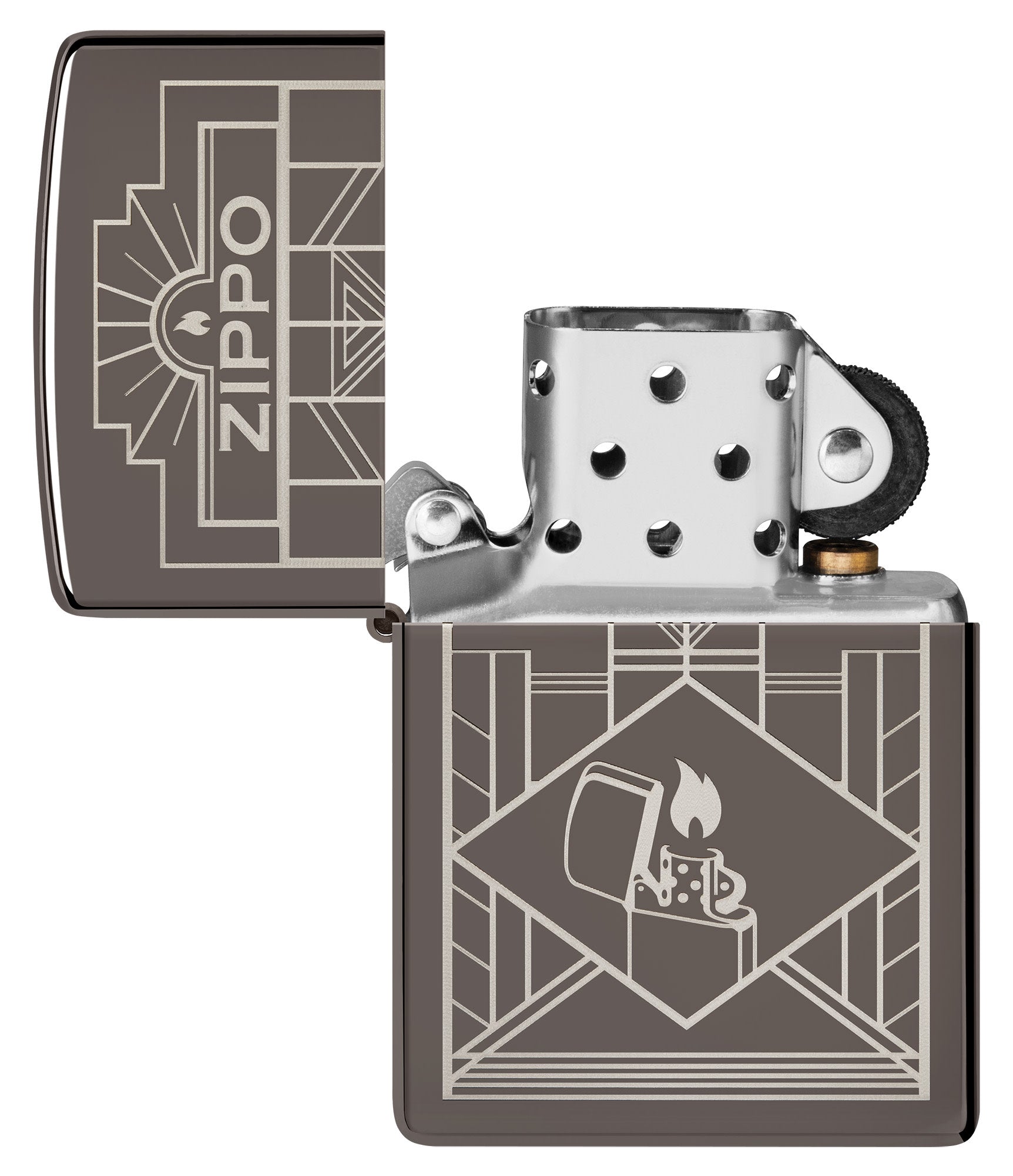 Zippo Art Deco Design Black Ice?? Windproof Lighter with its lid open and unlit.