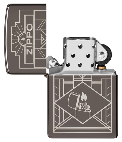 Zippo Art Deco Design Black Ice?? Windproof Lighter with its lid open and unlit.