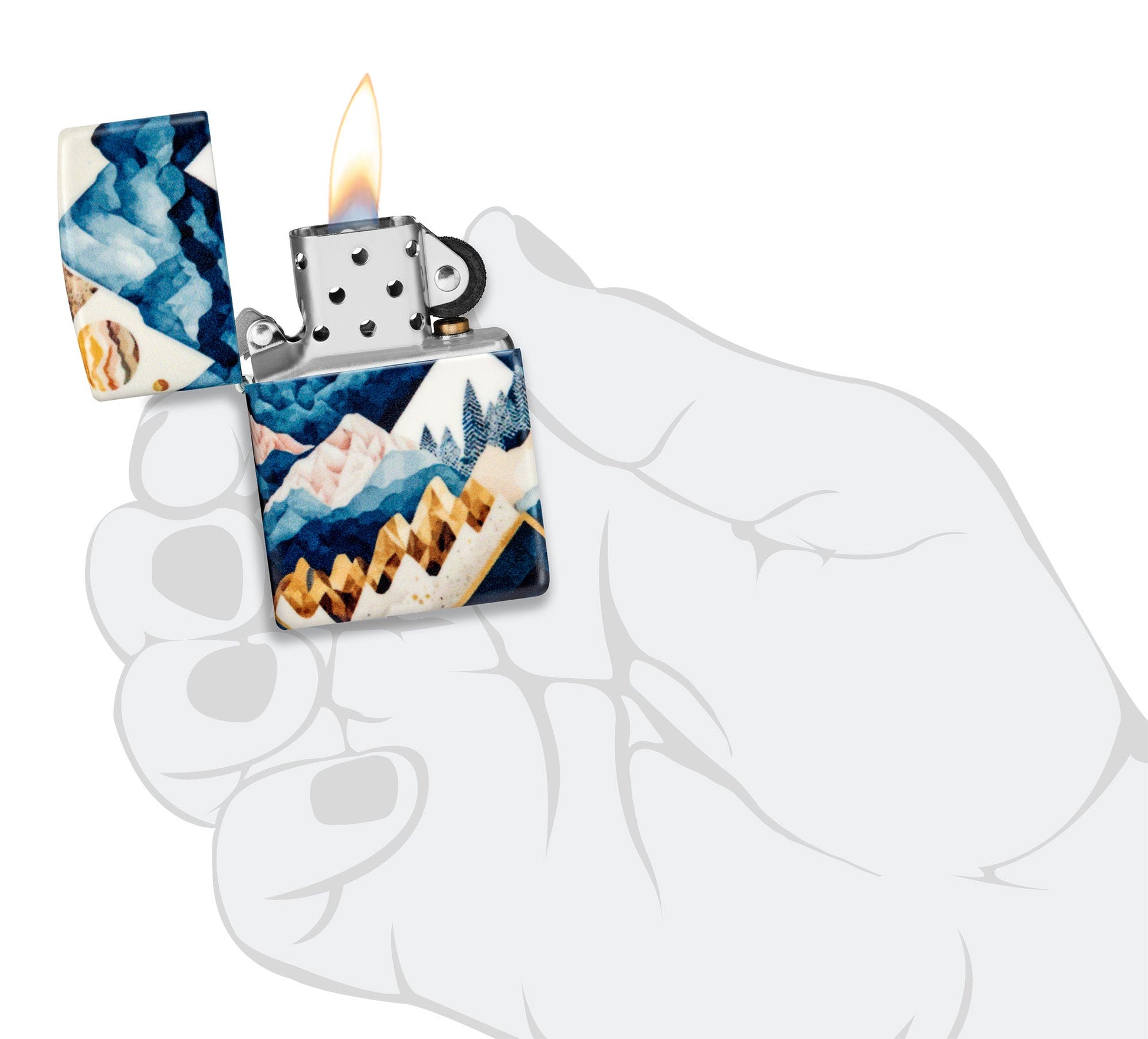 Zippo Mountain Collage Design 540 Matte Windproof Lighter lit in hand.