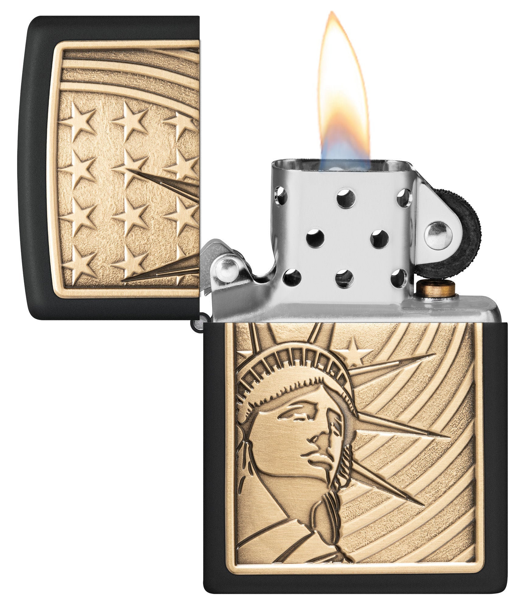 Zippo Lady Liberty Emblem Black Matte Windproof Lighter with its lid open and lit.