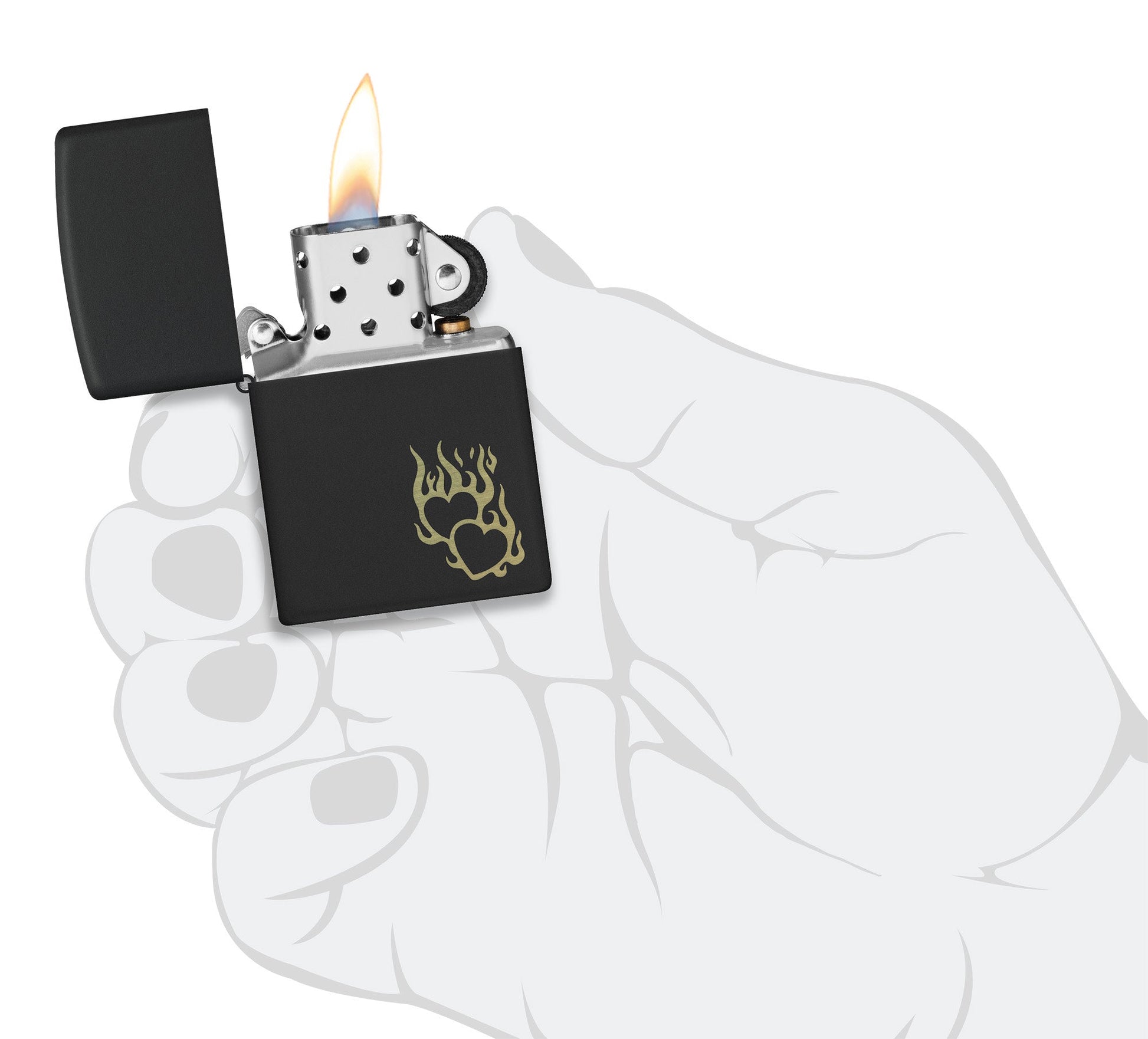 Zippo Fire Heart Design Black Matte Windproof Lighter lit in hand.