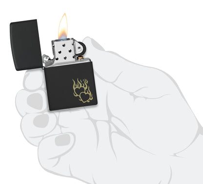 Zippo Fire Heart Design Black Matte Windproof Lighter lit in hand.